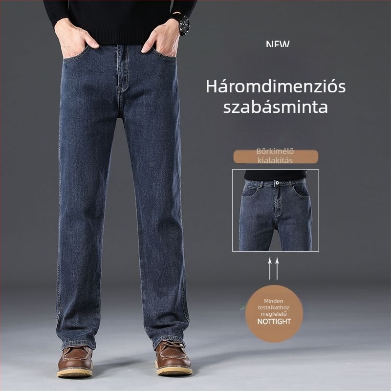 Férfi denimnadrág egyenes szabású, magas derék, cipzáras zárás, több zseb