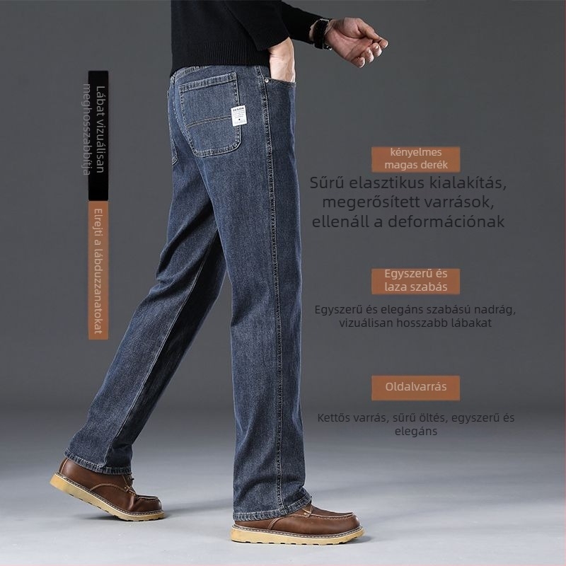 Férfi denimnadrág egyenes szabású, magas derék, cipzáras zárás, több zseb