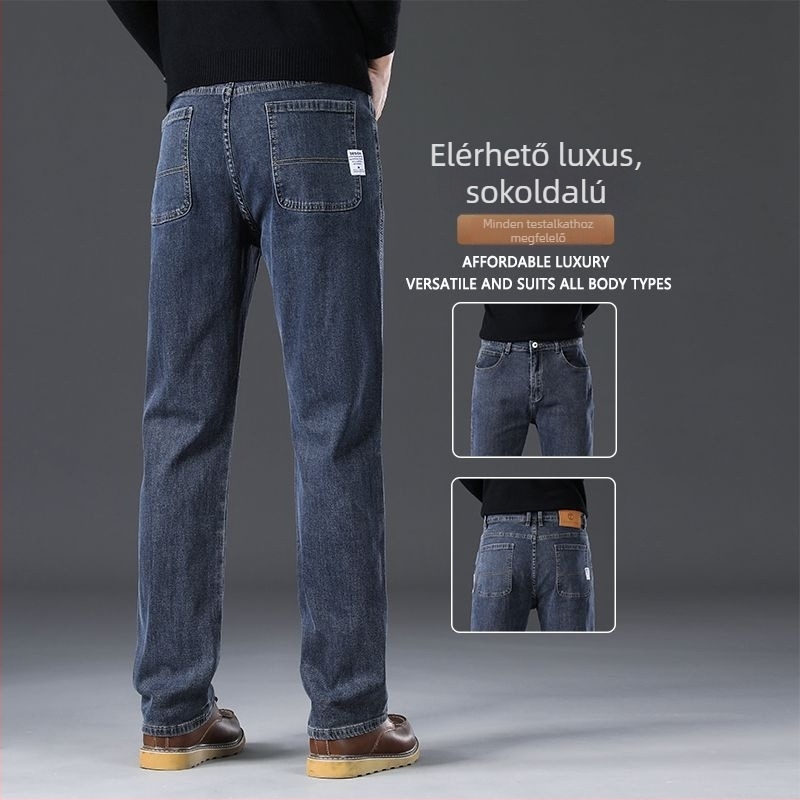 Férfi denimnadrág egyenes szabású, magas derék, cipzáras zárás, több zseb