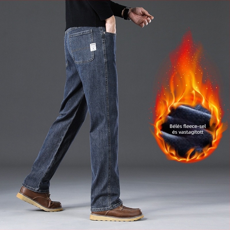 Férfi denimnadrág egyenes szabású, magas derék, cipzáras zárás, több zseb