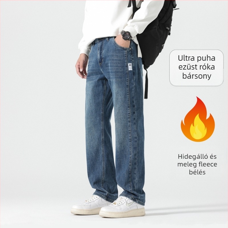 Férfi egyenes szabású farmernadrág, magas derék, pamut anyag, cipzár