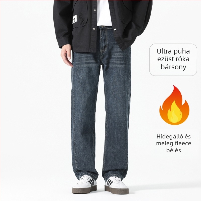 Férfi egyenes szabású farmernadrág, magas derék, pamut anyag, cipzár