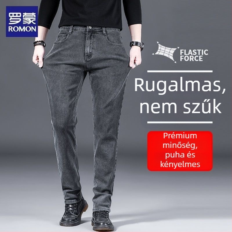 Romon férfi fleece-es farmer, őszi-téli, elasztikus, egyenes szabású, hamuszürke