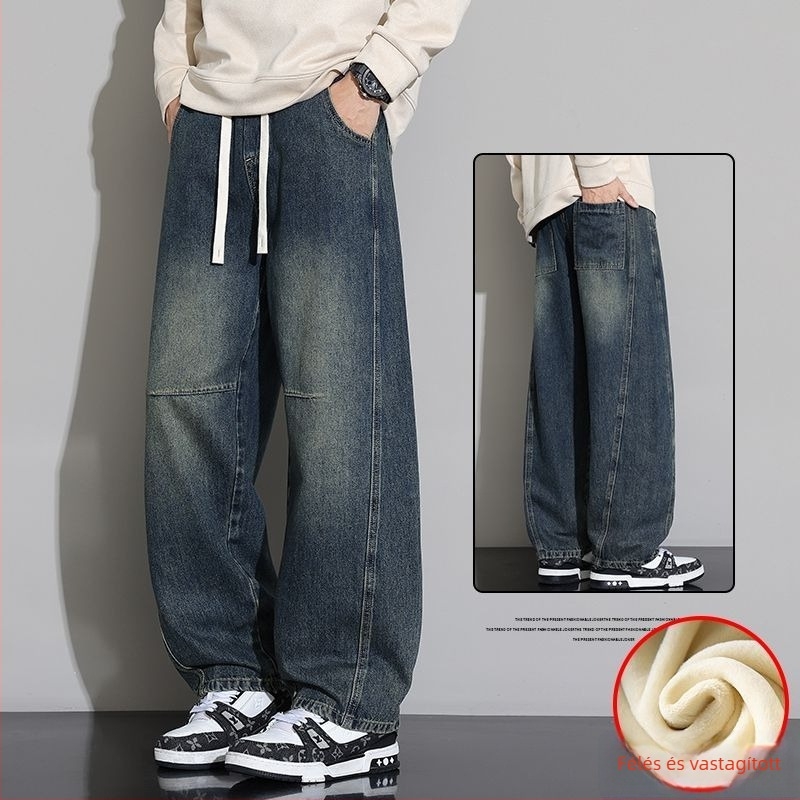 Farmernadrág egyenes szabású, chenille anyagból, középmagas derekú, téli szezonra