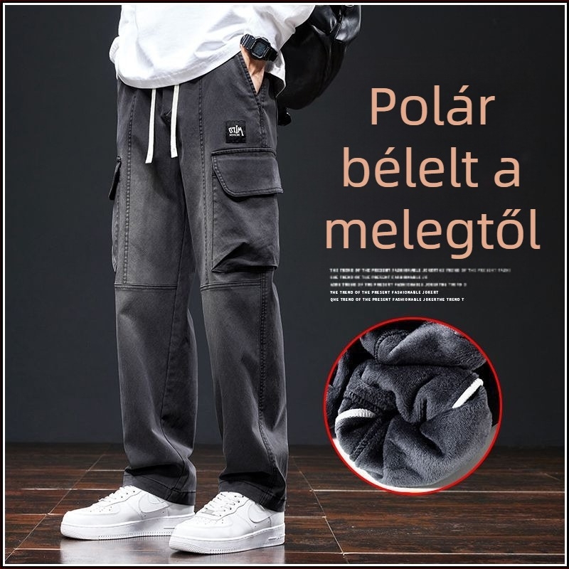 Férfi egyenes szabású farmer cargo nadrág, chenille anyag, középmagas, cipzár zárás, mikroelasztikus, tél