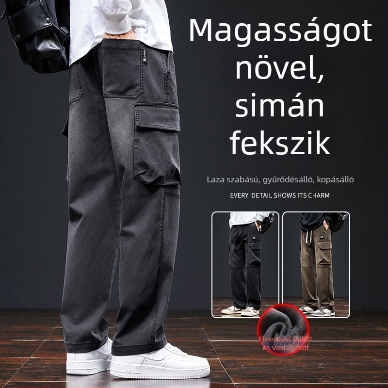 Férfi egyenes szabású farmer cargo nadrág, chenille anyag, középmagas, cipzár zárás, mikroelasztikus, tél