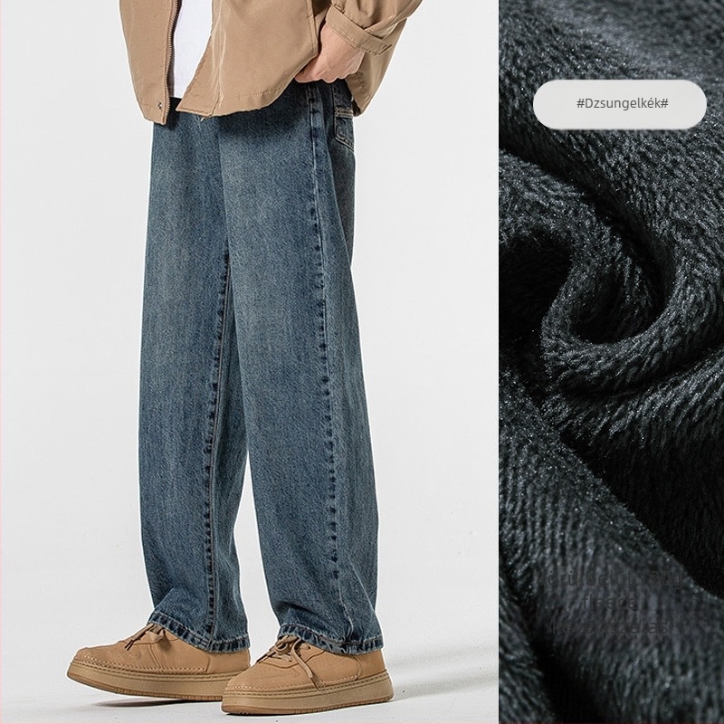 Férfi farmer pamutból, egyenes szabású, alacsony derekú, fleece béléssel, négy évszakos