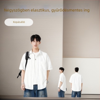 Férfi rövid ujjú ing négyrészes elasztikus szövetből, vékony, laza szabás, vasalásmentes kardigán-stílus
