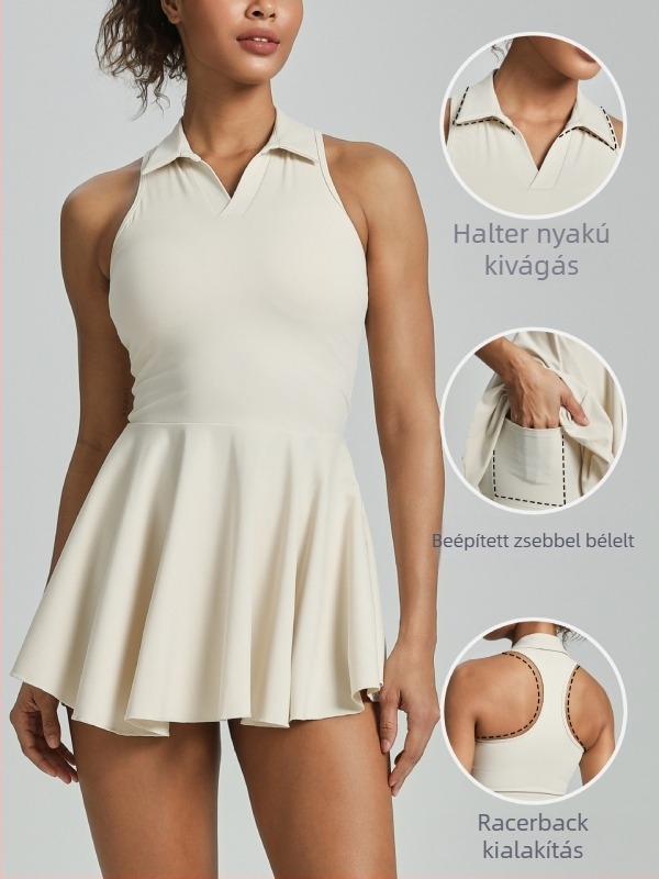 Női teniszruha szett, lélegző, ujj nélküli, halternyakú, derekat szorító, nylon 75% + spandex 25%