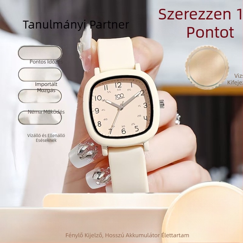 Női kvarc karóra, négyzetes számlappal, szilikon szíjjal, ötvözetes tokkal, titán csattal