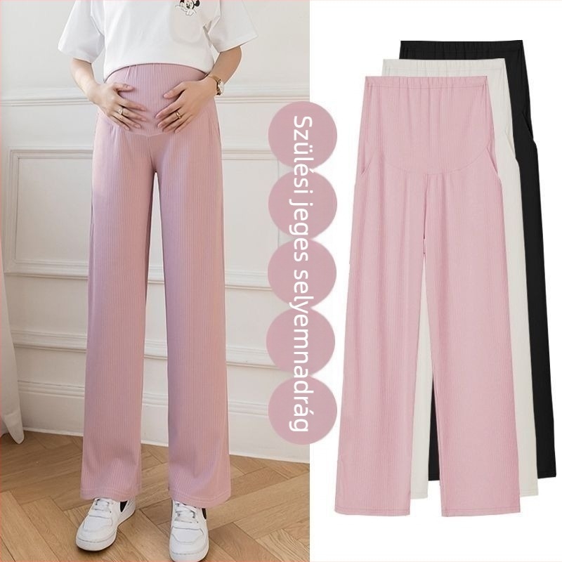 Szülési nadrág nőknek, széles szabás, vékony Ice Silk anyag, hasi támogatás, 9/10 hossz, poliészter/spandex