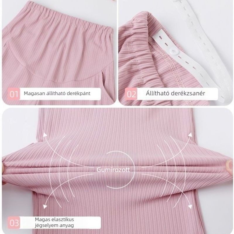 Szülési nadrág nőknek, széles szabás, vékony Ice Silk anyag, hasi támogatás, 9/10 hossz, poliészter/spandex