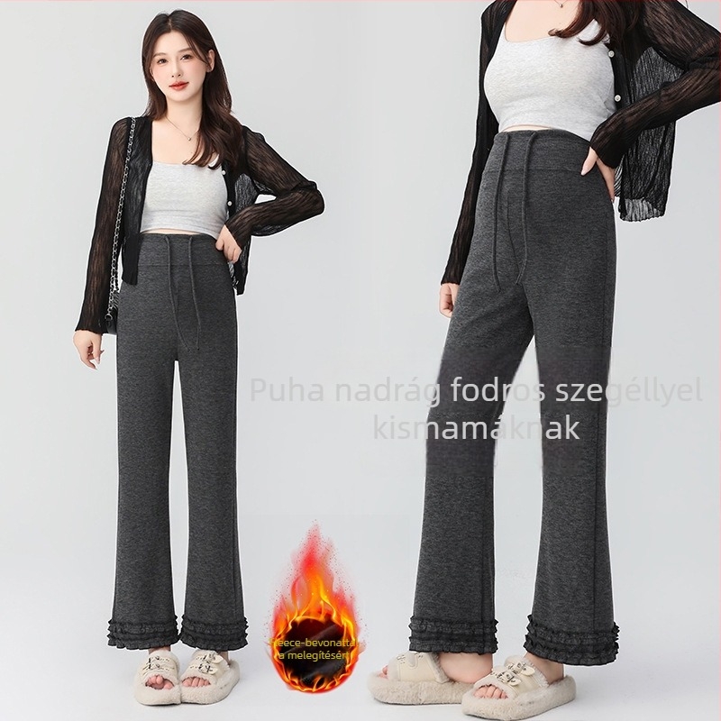 Kismama nadrág, magas derekú, meleg belső fleece, pamut-poliészter keverék 50–70% elasztánnal, 9/10 hossz, laza szabás
