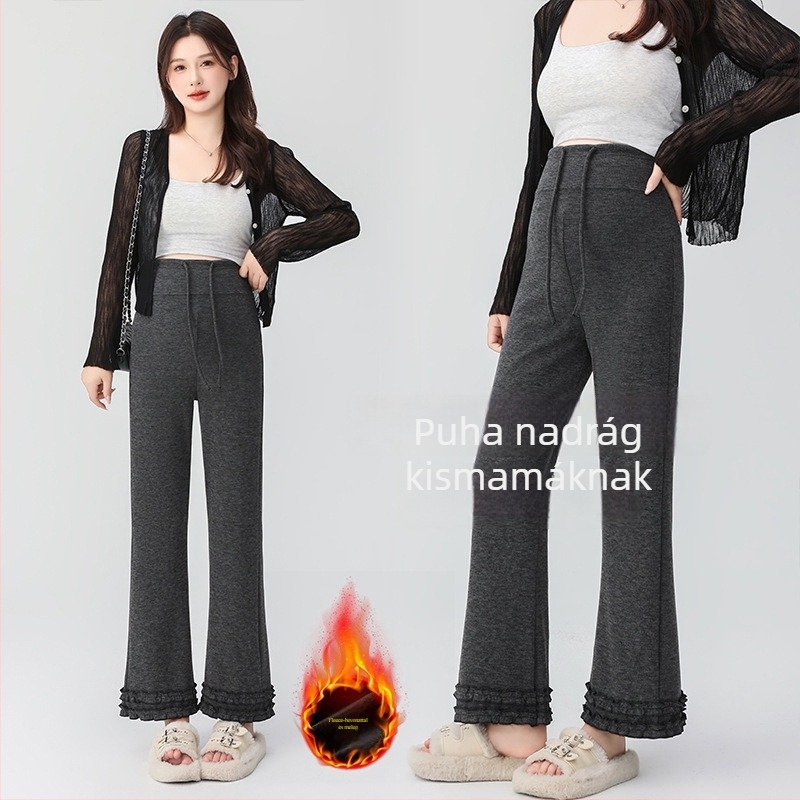Kismama nadrág, magas derekú, meleg belső fleece, pamut-poliészter keverék 50–70% elasztánnal, 9/10 hossz, laza szabás