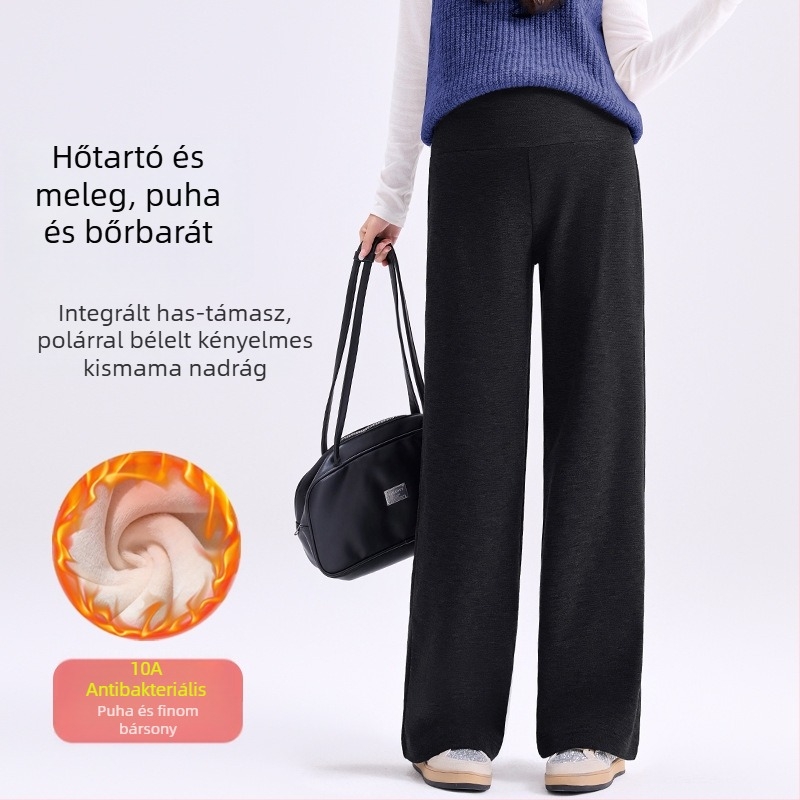 Téli kismama nadrág fleece béléssel, vastag anyagú, széles szabású, integrált pocak-támasz, laza, mindennapi stílus