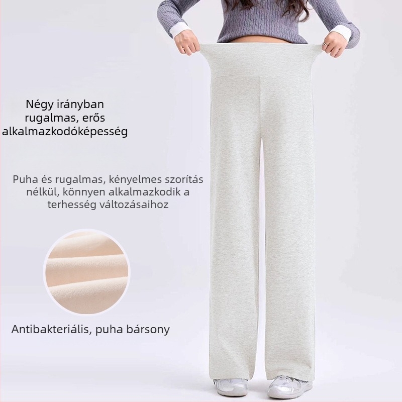 Téli kismama nadrág fleece béléssel, vastag anyagú, széles szabású, integrált pocak-támasz, laza, mindennapi stílus