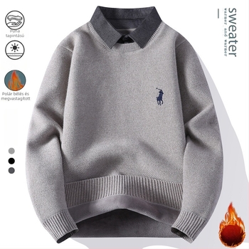Férfi kötött pulóver kerek nyakkal, fleece-béléssel, meleg őszi-téli darab