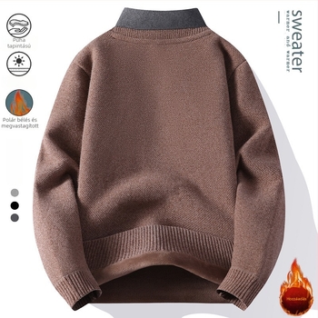 Férfi kötött pulóver kerek nyakkal, fleece-béléssel, meleg őszi-téli darab