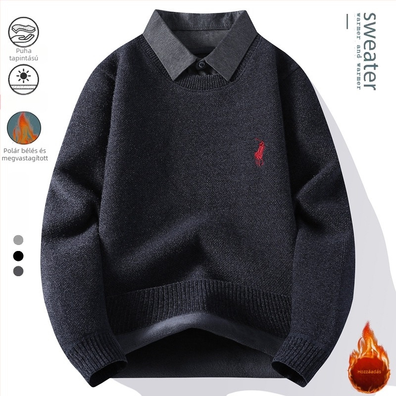 Férfi kötött pulóver kerek nyakkal, fleece-béléssel, meleg őszi-téli darab