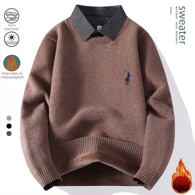 Férfi kötött pulóver kerek nyakkal, fleece-béléssel, meleg őszi-téli darab