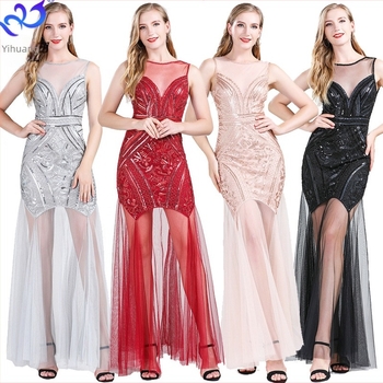 Hímzett paillettes estélyi ruha, A-vonalú szabás, ujjatlan, hosszú szoknya, poliészter-spandex anyag