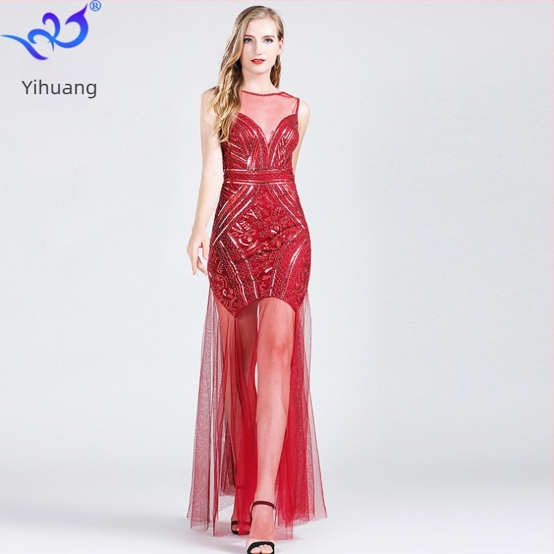 Hímzett paillettes estélyi ruha, A-vonalú szabás, ujjatlan, hosszú szoknya, poliészter-spandex anyag