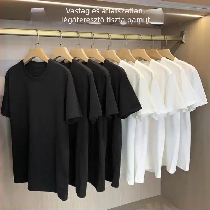 Súlyos 100% pamut rövid ujjú póló, egyszínű, klasszikus és sokoldalú, kerek nyakú, laza szabás, férfi nagy méret, nyár