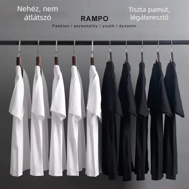 Súlyos 100% pamut rövid ujjú póló, egyszínű, klasszikus és sokoldalú, kerek nyakú, laza szabás, férfi nagy méret, nyár