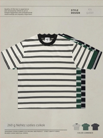 Póló rövid ujjú, japán vintage stílusú, csíkos minta, crewneck, laza szabás