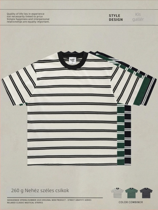 Póló rövid ujjú, japán vintage stílusú, csíkos minta, crewneck, laza szabás