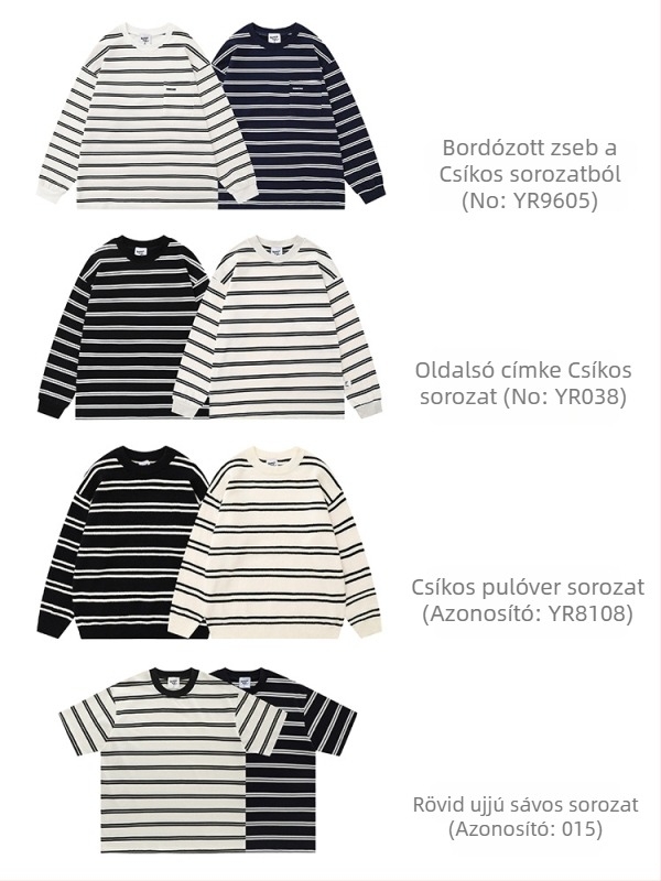 Póló rövid ujjú, japán vintage stílusú, csíkos minta, crewneck, laza szabás
