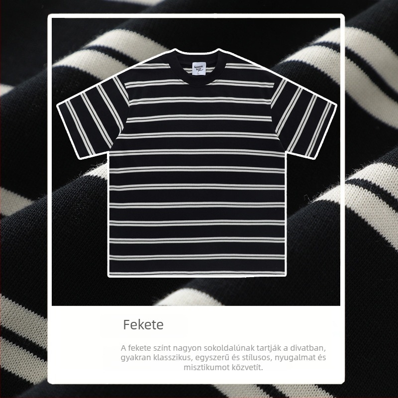 Póló rövid ujjú, japán vintage stílusú, csíkos minta, crewneck, laza szabás