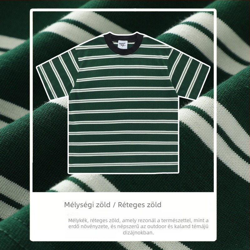 Póló rövid ujjú, japán vintage stílusú, csíkos minta, crewneck, laza szabás
