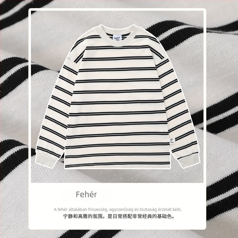 Póló rövid ujjú, japán vintage stílusú, csíkos minta, crewneck, laza szabás