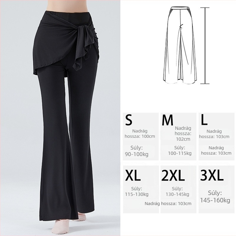 Női táncpantalón modal-viszkóz keverékből (93% rayon, 7% spandex), karcsúsító szabású, szélesedő sziluett, csípőfedő, színpadi használatra