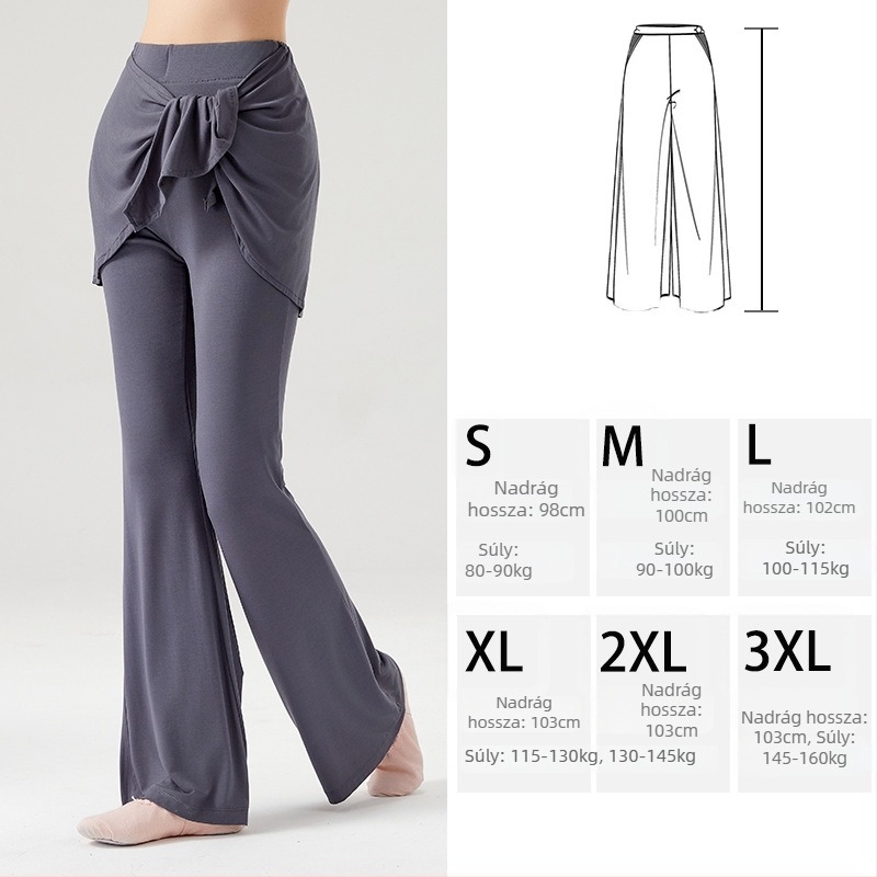 Női táncpantalón modal-viszkóz keverékből (93% rayon, 7% spandex), karcsúsító szabású, szélesedő sziluett, csípőfedő, színpadi használatra