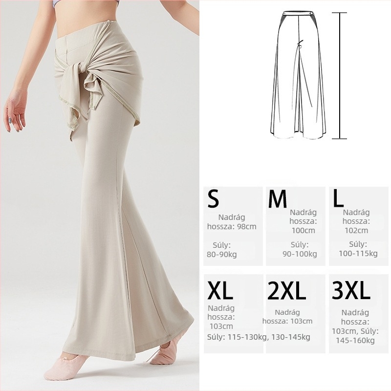 Női táncpantalón modal-viszkóz keverékből (93% rayon, 7% spandex), karcsúsító szabású, szélesedő sziluett, csípőfedő, színpadi használatra