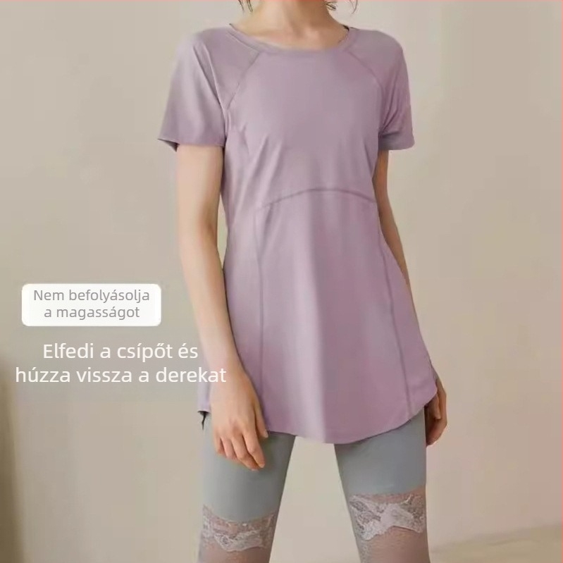 Női jóga felső, Slim fit, középhosszú, rövid ujjú, poliészter