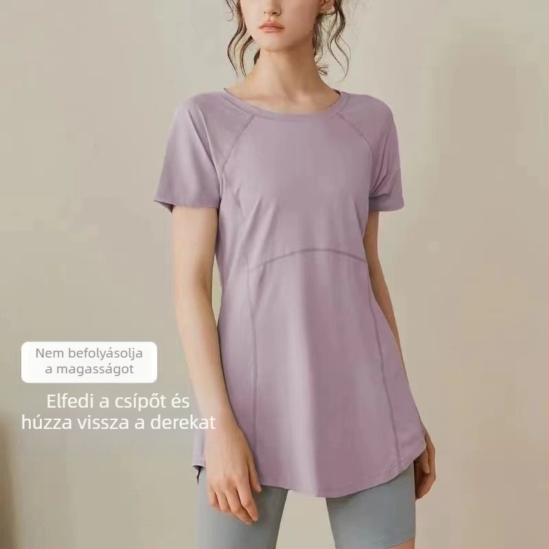 Női jóga felső, Slim fit, középhosszú, rövid ujjú, poliészter