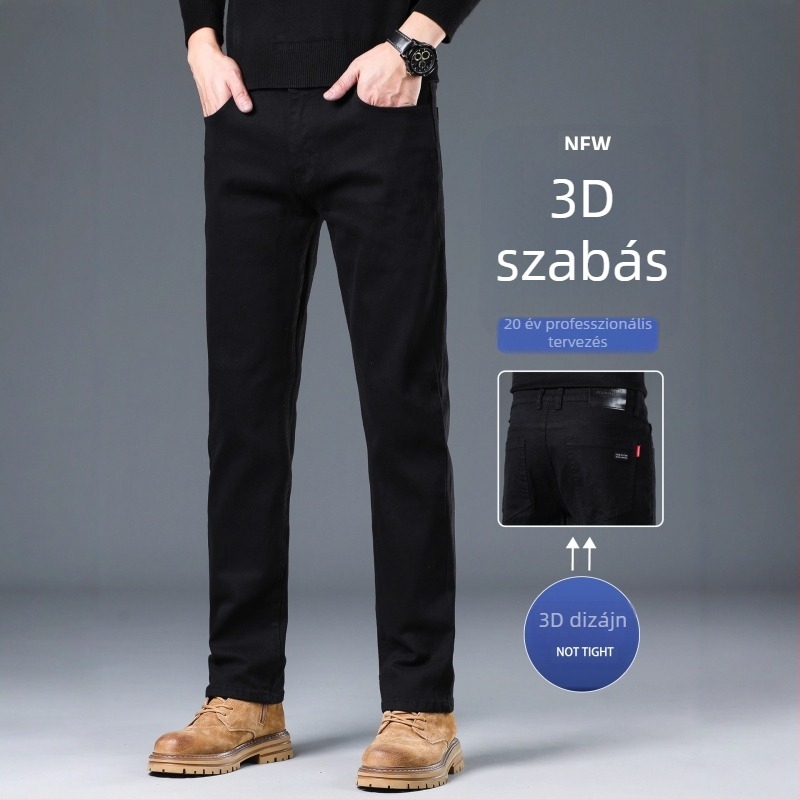 Fekete férfi pamut-elasztán farmernadrág, slim straight szabás, üzleti casual stílus