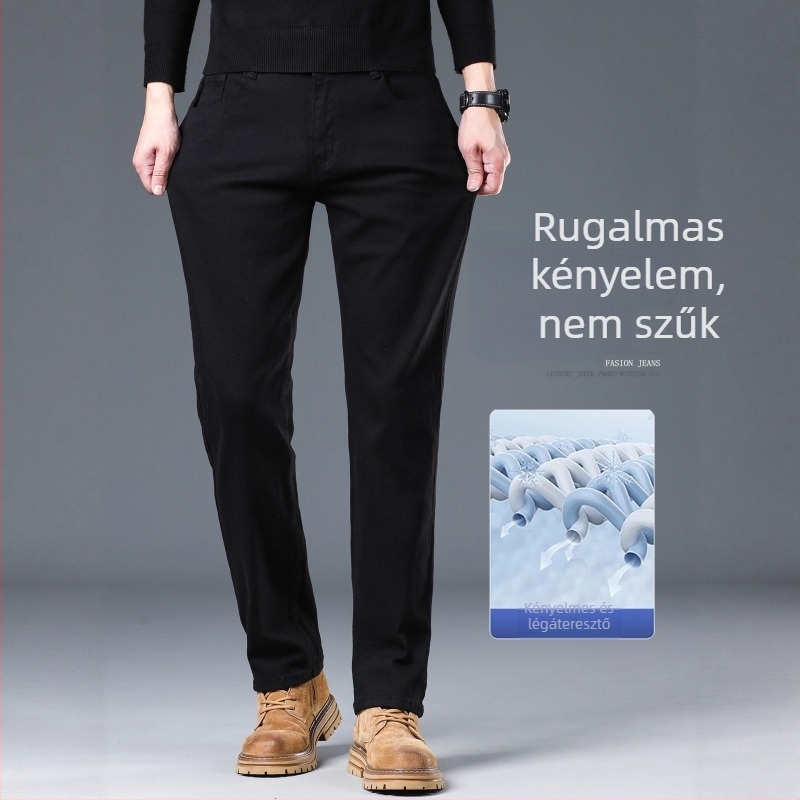 Fekete férfi pamut-elasztán farmernadrág, slim straight szabás, üzleti casual stílus