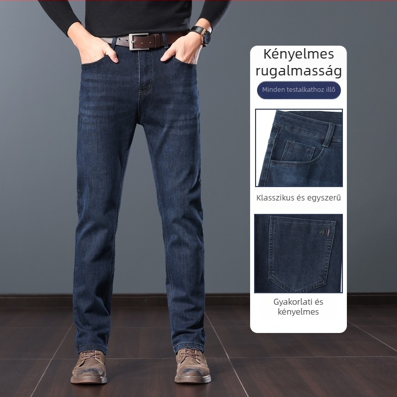 Férfi téli vastag denimnadrág - egyenes szabású, középmagas derék, mindennapi üzleti stílus, elasztikus anyag
