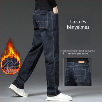 Férfi farmernadrág fleece belső béléssel, egyenes szabású, őszi-téli, laza fazon, rugalmas anyag, széles szárú, hosszú