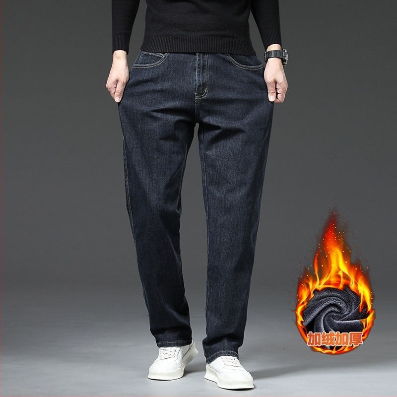 Férfi farmernadrág fleece belső béléssel, egyenes szabású, őszi-téli, laza fazon, rugalmas anyag, széles szárú, hosszú