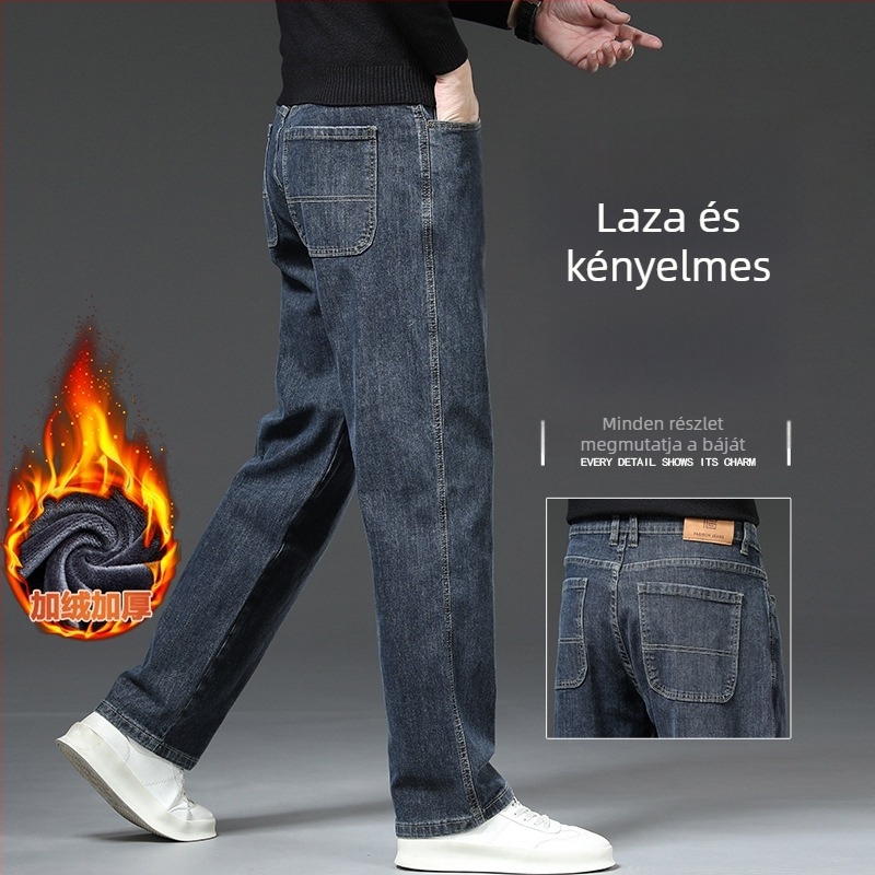 Férfi farmernadrág fleece belső béléssel, egyenes szabású, őszi-téli, laza fazon, rugalmas anyag, széles szárú, hosszú