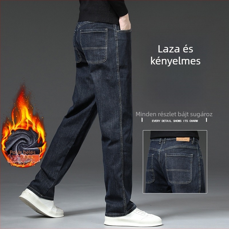 Férfi farmernadrág fleece belső béléssel, egyenes szabású, őszi-téli, laza fazon, rugalmas anyag, széles szárú, hosszú