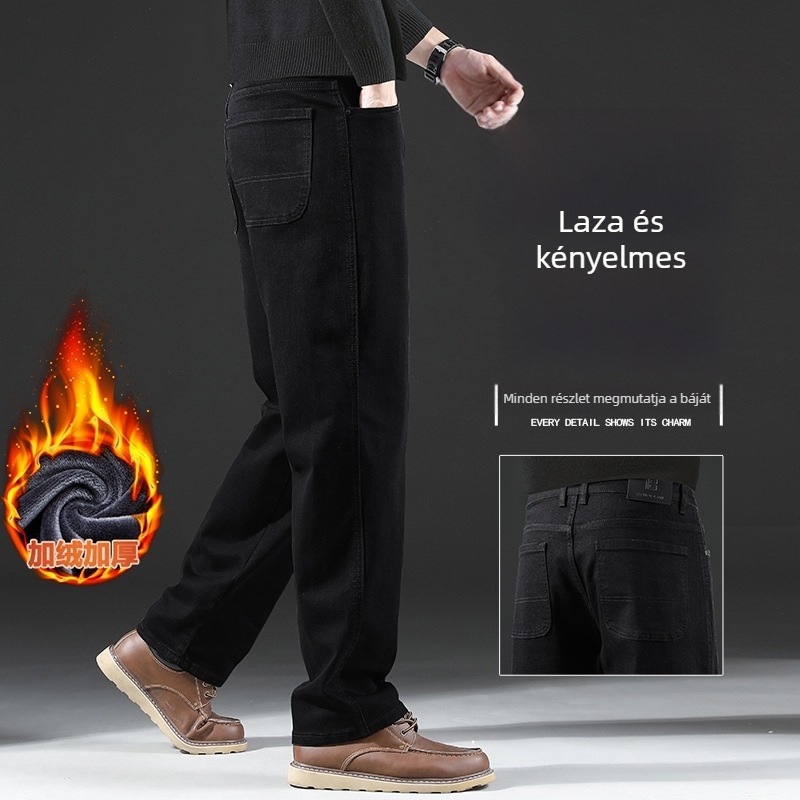 Férfi farmernadrág fleece belső béléssel, egyenes szabású, őszi-téli, laza fazon, rugalmas anyag, széles szárú, hosszú