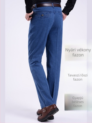 Férfiaknak szóló, magas derekú, elasztikus farmer, egyenes szabású, denim, mindennapi viselet