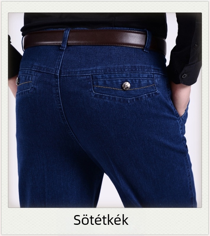 Férfiaknak szóló, magas derekú, elasztikus farmer, egyenes szabású, denim, mindennapi viselet