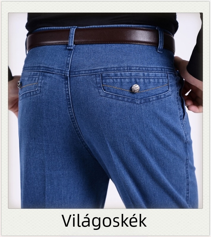 Férfiaknak szóló, magas derekú, elasztikus farmer, egyenes szabású, denim, mindennapi viselet